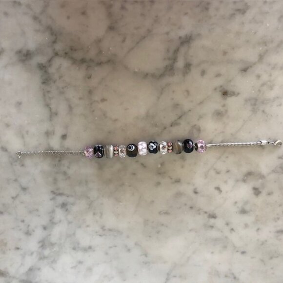 Murano Glass Slider Charm Bracelet Silver Pink Black 11 in long - Picture 10 of 15
